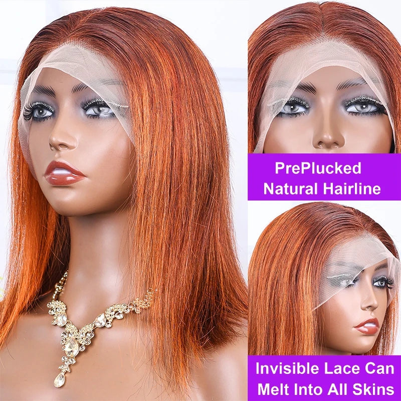 200% Density Ginger Orange Straight Short Bob Wig Silky Highlight Ginger Orange Color 13x4 Lace Frontal Wig 100% Human Hair Wigs